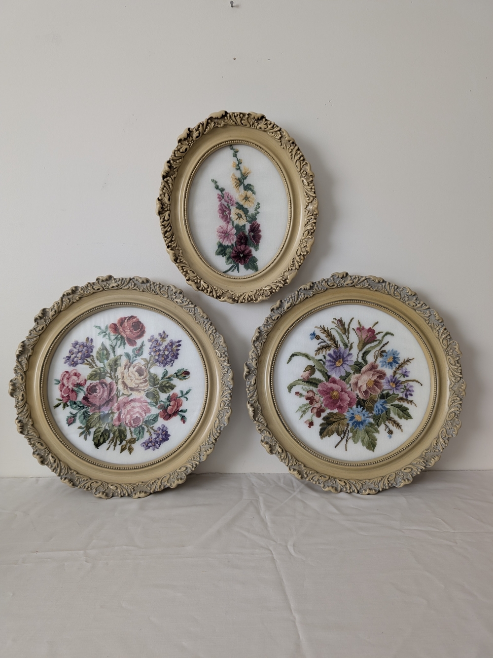 Set of 3 Vintage Framed Ornate Round 15" Needlepoint Floral Flowers Cottagecore